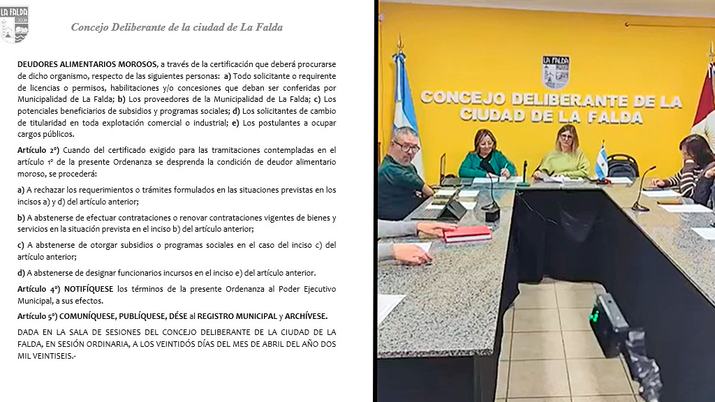 Deliberante de La Falda aprobó el control obligatorio de Deudores Alimentarios
