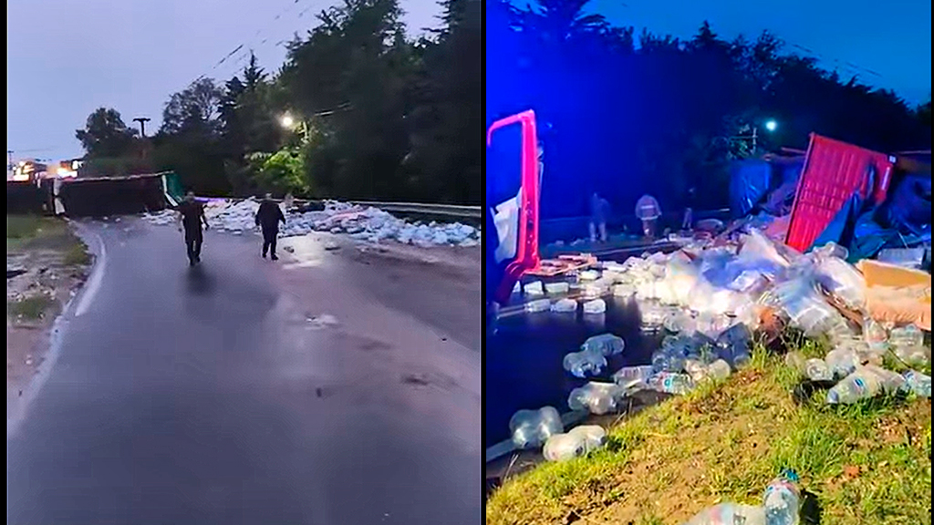 Susto en Huerta Grande: vuelco de un camión con agua mineral en la Ruta 38