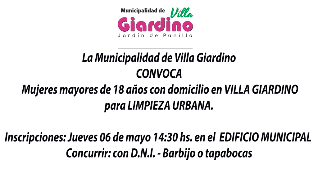 Villa Giardino: convocatoria laboral para limpieza urbana