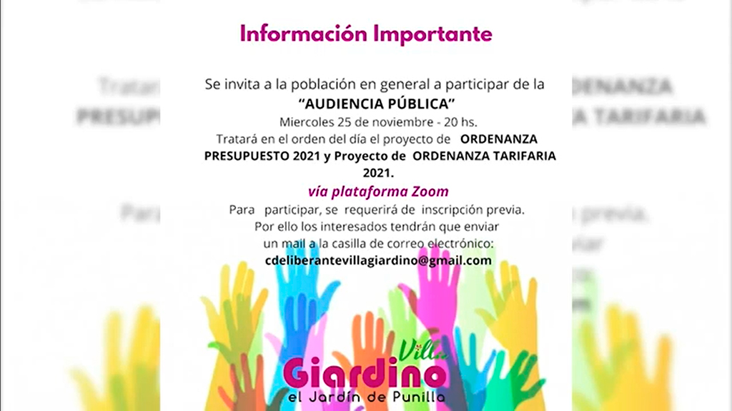 El 25 de noviembre los giardinenses debatirán el presupuesto 2021